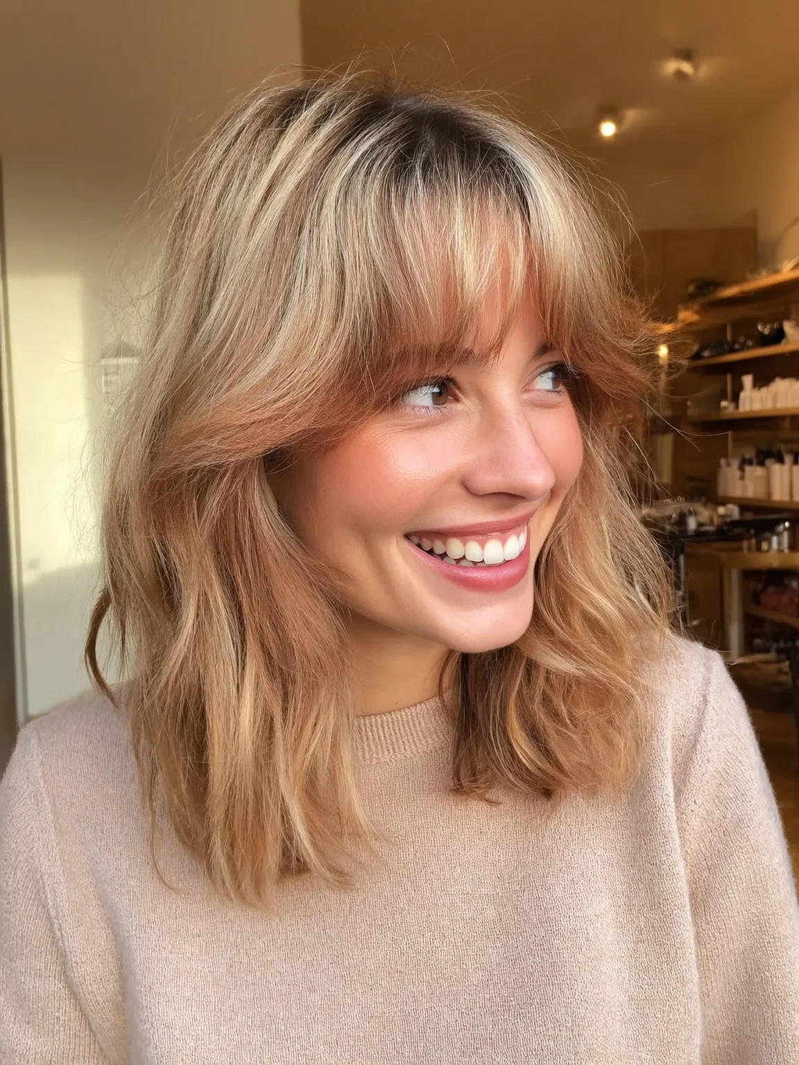Wavy Warm Caramel Blonde Layered Lob